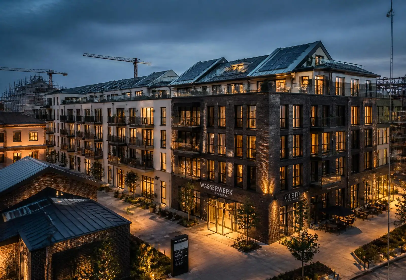 Modernes Wohn- und Gewerbequartier in der Dämmerung mit Kränen und Photovoltaik auf den Dächern